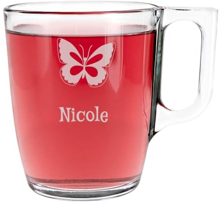 Tasse à thé en Verre Transparent personnalisé gravé – Tasse pour Le thé Conique avec Anse - Cadeau Femme personnalisé fête mères, Anniversaire ou noël