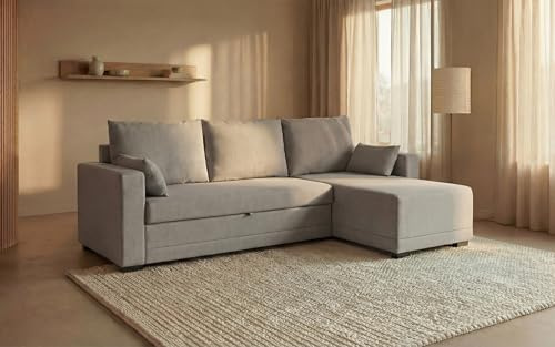 BUDWING Leah Sofá Cama Esquinero 3 Plazas - Chaise Longue Reversible y 2 Cojines Decorativos – Tapizado en Poliéster – Estilo Moderno – 233x124x69 cm – Gris Claro