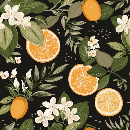 VEELIKE Tapete Blumen Zitrone Schwarz Blumentapete Vintage Fototapete Blumen Zitrusfrüchte 44.5 cm × 300 cm Mustertapete Selbstklebende Tapete Blätter Tapeten Wohnzimmer Küche Badezimmer Abnehmbar