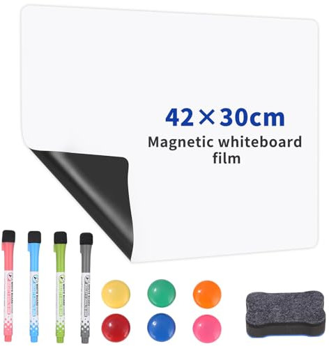 Cexovo A3 Whiteboard Folie Magnetisch,Whiteboard Sticker DIY Kühlschrank Dry Erase Flexibler Selbstklebend Weißwandtafel Folie mit Markers Schwamm Magnetes Geeignet für Schulen Büros und Familien