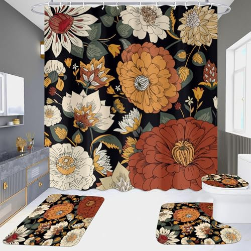 Duschvorhang Retro Schwarze Blume Badezimmermatte Verdickung Bad Teppiche Set, Duschvorhang Stoff+Bath Mat rutschfeste(50x80cm)+U-Typ Fußmatte Wasseraufnahme+Toilette Badmatte