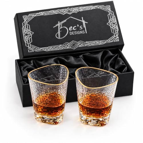 Bec's Designs Whiskey Glasses Set of 2, Gold Rim Hammered Rocks Glasses