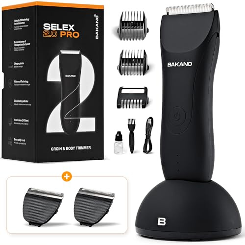BAKANO SELEX 2.0 – Afeitadora Corporal Masculina. Recortadora Corporal Hombre con Tecnología SkinSafe e Impermeable. Rasuradora para Genitales con Base de Carga, 120 min de Autonomía + 2 Cabezales