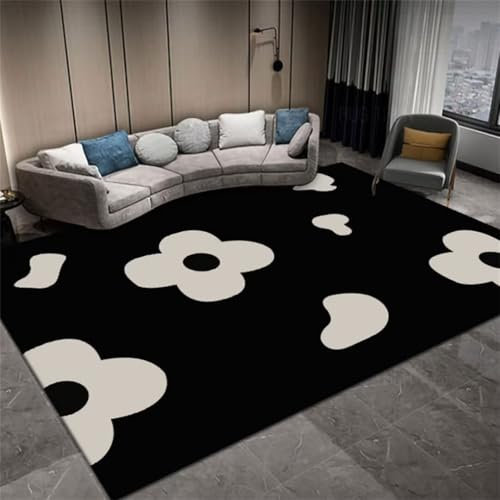 ROSURUG Nachttisch Deko Area Rugs 60X100CM Weißer Blumen-Design-Innendekorationszubehör-Wohnzimmerteppich, schmutzabweisend Schmutzfangmatte Waschbar Room Decoration Aesthetic Schwarz