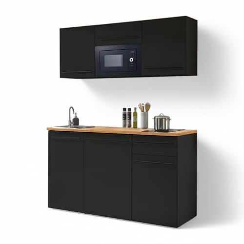 Jazz Single Moderne Küchenzeile mit Elektrogeräten in Schwarz matt, Lanzelot Eiche Optik - Geräumige Einbauküche mit viel Stauraum - 160 x 212 x 60 cm (B/H/T)