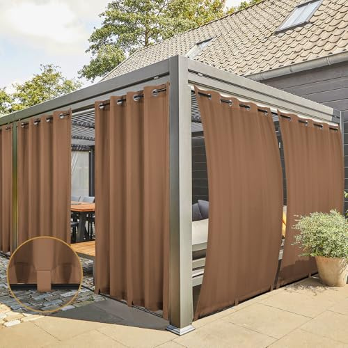 Cortina para Exterior 2 Piezas Cortinas Exteriores Impermeable Protección Solar, Cortinas para Balcones Pérgolas con Ojales, Cortinas con Trabillas en La Parte Inferior (213 x 254cm, Marrón)