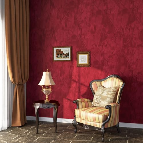ReWallpaper Flock Wallpaper Velvet Red 60CMx5M Felt Sticky Back Fabric Red for Walls Wardrobe Shelves Vintage Wallpapers Mural for Hallway Living Room Velvet Peel and Stick Flocked Wallpaper
