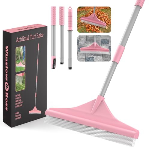 Artificial Grass Brush with Steel Telescopic Handle 82 to 140 CM, Artificial Turf Rake, Garden Carpet Rake for Artificial Grass,Carpet,Lawn Leaves and Debris Remove,Pink