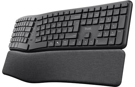 Trust Arvia Teclado Ergonómico Inalámbrico Silencioso QWERTY Español Bluetooth + 2.4GHz, Teclado Bluetooth Multidispositivo Dividido con Reposamanos, PC Ordenador Portátil Mac, Negro