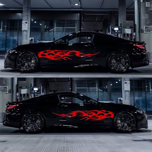 6 Stycken Bil Karosseri Klistermärken, Flamma Sport Randig Vinyl Bilens Motorhölje & Dörr & Bakspegel Dekoration Klistermärken Set för Bil/Lastbil/SUV(Röd)