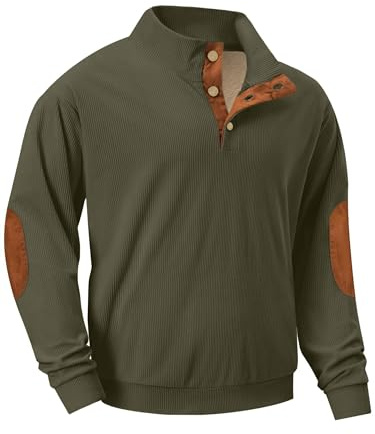 QIXING Mens Corduroy Fleece Lined Sweatshirt Quarter Button Stand Collar Jumper Warm Winter UK with Elbow Patch (Army Green, L)