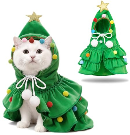 FOSDICK Vestiti natalizi per animali domestici, vestiti albero di Natale, costume per gatto, costume per gatto natalizio con stella e pompon colorati, vestiti per gatti natalizi, vestito natalizio per