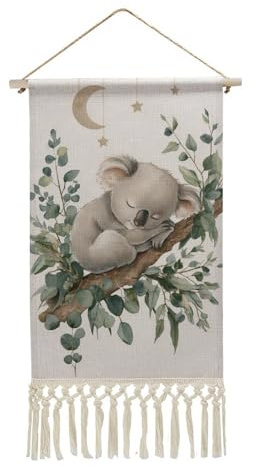Jubonexis Arazzo da parete in lino, koala acquerello che dorme su un ramo di eucalipto, poster vintage da parete con nappa e asta in legno