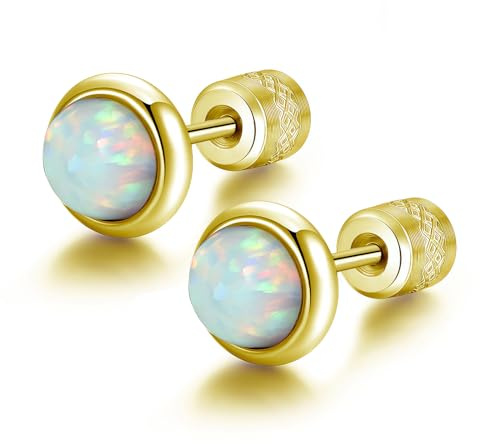 Collenatsy Ohrringe mit Opal Stein, hypoallergene und medizinische Ohrstecker mit Flatback Verschluss für Damen, Mädchen und Kinder, ideal als Tragus oder Helix Piercing Schmuck (Gold)