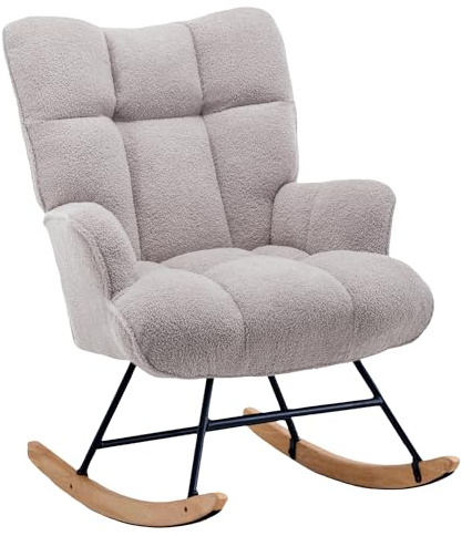 XH.Easy Go Silla Mecedora Teddy Lactancia & Relax, Tela Peluche Acolchada, Estructura de Acero, Patas de Madera de Caucho, para Salón, Dormitorio y Habitación de Bebé(Gris Teddy)