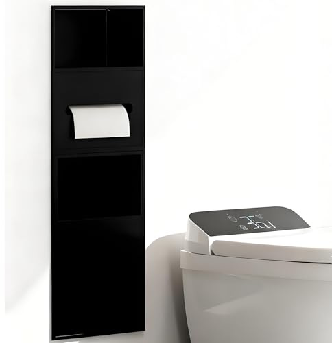 HuanSebesity Stainless Steel Bathroom Wall Storage,Built In Shelf with Integrated Trash Bin,Shower Niche,Recessed Storage Stand with Paper Towel Dispenser,Waste Receptacle 28 * 70 * 13.5-Black