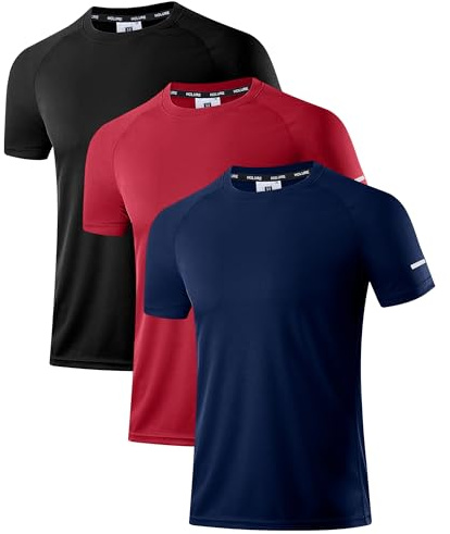 Holure Men's Quick-Dry Sportswear T-Shirts,3 Pack Breathable Moisture Wicking Gym Tops for Training & Workout,Short Sleeve Tees Black/Navy/Red 3P03-XL