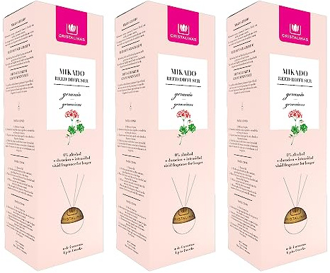 CRISTALINAS. Ambientador Mikado Premium. Difusor esférico con Varillas. 0% Alcohol.Mas de 4 semanas de duración. 20ml. Aroma Geranio. (3x20ml)