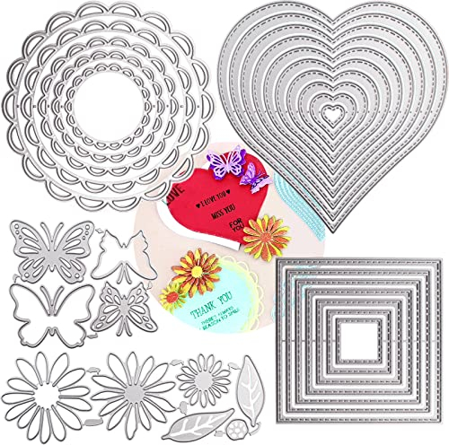 DailyTreasures 5 Formen Metall Stanzschablone Set, Scrapbooking Prägeschablonen Stanzschablone Geometrisch Set, Stanzschablone Herzform Rechteckig Kreis Blüten Schmetterling für Lehrertag Muttertag