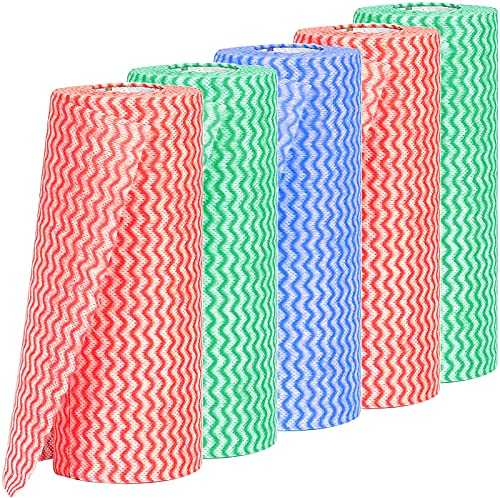 Frasheng Paño de Limpieza Desechable,Mojado y seco Trapos de Cocina Desechables De Cocina, Reutilizable,Tela no Tejida, Antiadherente 5 Rollos,50 Hojas por Rollo