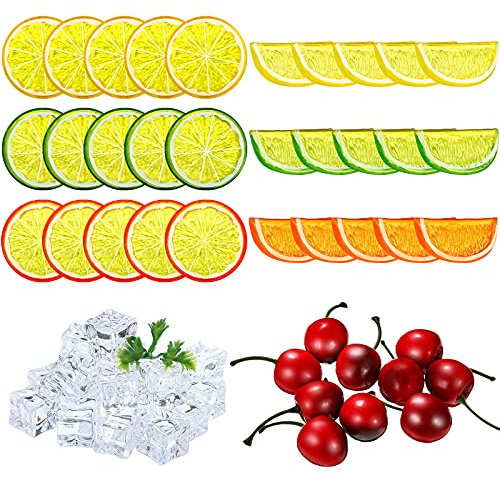 MTLEE 90pcs Artificial Plant Fruit Decor Set, Including 30 Simulation Lemon Slices, 50 Clear Acrylic Ice Cubes, 10 Artificial Cherry Fruits for Home Decor, Wedding Vase Filler, Photo Prop