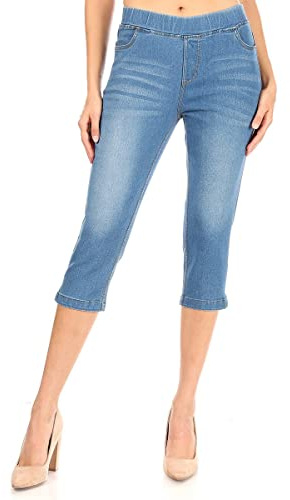 Jvini Women's Pull-On Stretchy Skinny Crop Denim Jeggings (US Size XL Denim Blue Capri)
