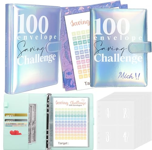 Axolotl 100 Envelopes Money Saving Challenge Binder, A5 Savings Budget Challenges Binders with Cash Envelopes, 100 Days Envelope Saving Binder Book, Budget Planner (Laser Blue)