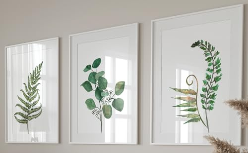 Eviepops Prints Large Green Ferns Wall Art Set of 3 Unframed Prints, Abstract Tropical Plant Decor, Living Room Bedroom Bathroom Poster Home Decor, Green Leaves Plant (A4)