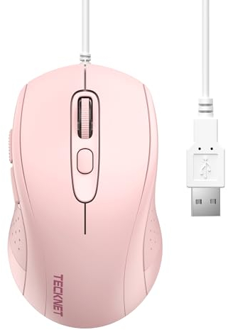 TECKNET Maus mit Kabel, 6400DPI Optical Business Mouse Ergonomische Kabelgebundene Maus mit 6 Tasten, 4 Verstellbare DPI Level, USB-Plug & Play, für Laptop/PC/Mac - Rosa