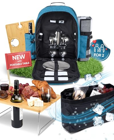 PL Harmony Picknickryggsäck med bärbart vinbord, filt, isolerat läckagesäkert kylfack, vinhållare och bestickset (blå)