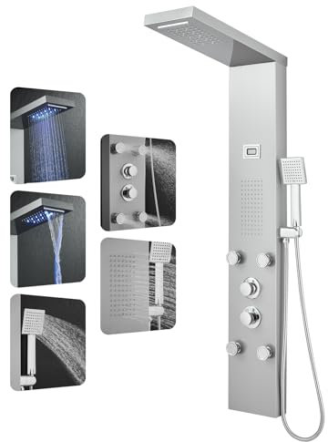OUGOO Panneau de douche LED avec robinet, fonction pluie et cascade, panneau de douche complet avec buses de massage de 2 types, écran de température et douchette, en acier inoxydable brossé