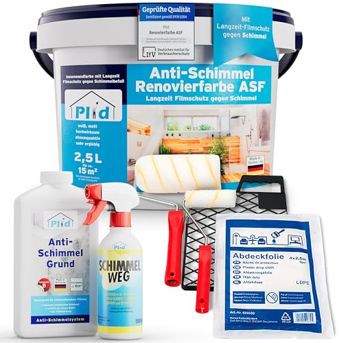 Plid Anti-mögel renoveringsfärg inomhus vit 2,5 l inkl. stråkset 6 delar + [SANIER-set] – anti-mögelfärg för fuktiga rum, badrum och kök – väggfärg vit – långsiktigt skydd mot mögel