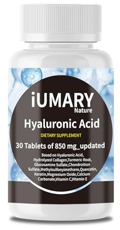 Hyaluronic Acid Supplements, 850mg High Bioavailable Dietary Hyaluronic Acid - Advanced Joint Support with Hydrolyzed Collagen, Turmeric, Glu-cosamine, MSM, Vitamin C – 30 Tablets（Pack of 1）