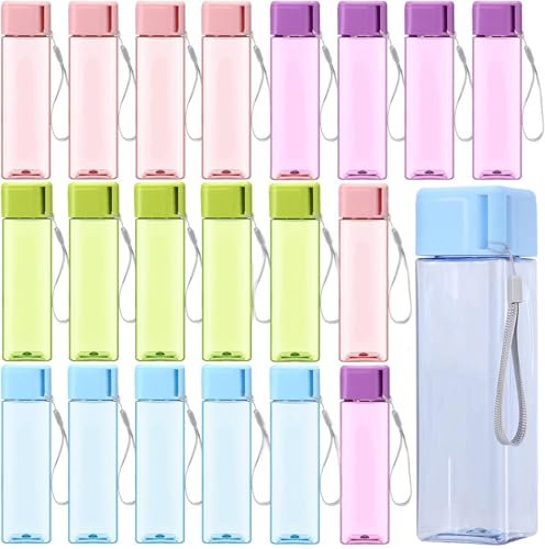 ASMIZ 20 Pack Kids Plastic Water Bottle Bulk 500ml Sport Water Bottle, Reusable Square Drink Bottles, Lightweight Leakproof Beverage Bottles with Handle Strap for School, Gym, Outdoor Fitness, Travel