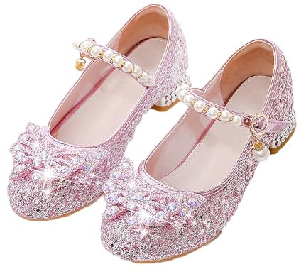 ZJstyle Girls Princess Shoes Sequin Party Shoe Girls' Mary Jane Shoes Bling Bowknot Sandals Little Girl Party Pumps Sparkle Wedding Dress Up Shoe Pink