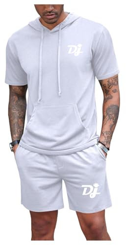 ZYHJZ Completo Estivo da Uomo con Felpa e Pantaloncini, Stile Semplice, per DJ Pioneer, Unisex, Casual, 2 Pezzi, per Sport, Palestra, Comfort Quotidiano, Top e Pantaloni,White-S