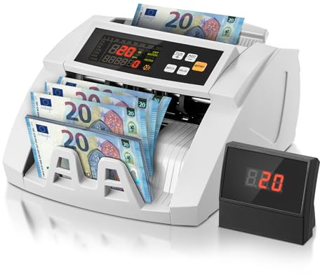 FOHERE Geldzählmaschine, Professioneller Geldzähler mit UV/MG/IR/DD Fälschungserkennung, 1100 Banknoten/Minute, LCD-Display, Wert- und Batch-Modus für Geschäfte, Banken und Restaurants