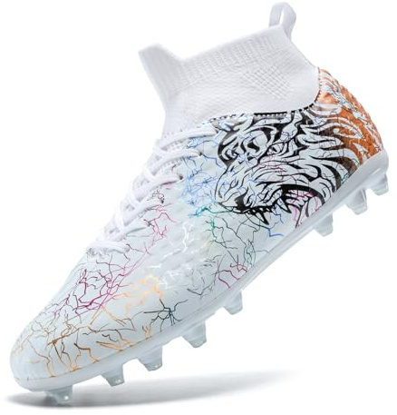 ZGWULZNGL Soccer Cleats Boys Youth Training Football Cleats Athletic Outdoor Girls Soccer Shoes High-top Kids Football Shoes,White,Big Kid 8