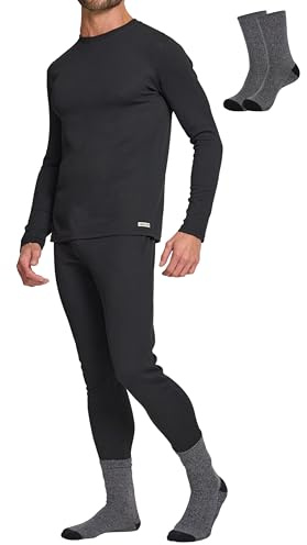 Lands' End Thermal Underwear for Men 3 Pc. Set – Warm Long Johns for Men Base Layer Long Sleeve Shirt, Pants & Socks Black