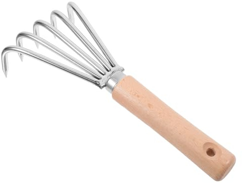 Hohopeti Rastrillo de Mano para Jardín de Acero Inoxidable con Mango Corto de Madera 5 Dientes Herramienta Manual para Aflojar Tierra Deshierbar y Cultivar en Jardinería