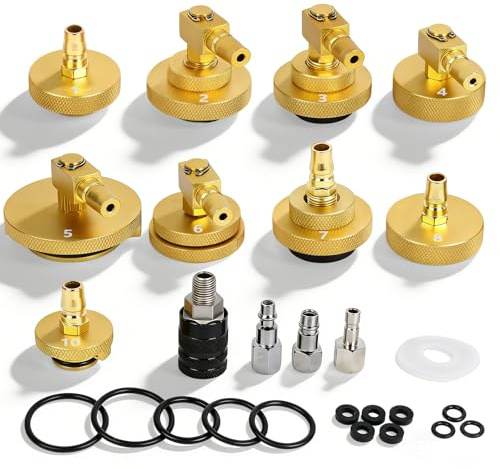 10 adaptadores de purga de frenos para evitar fugas, 9 adaptadores + 1 acoplamiento rápido + 3 adaptadores de conversión, depósito de líquido de frenos, adaptador resistente a la corrosión, compatible