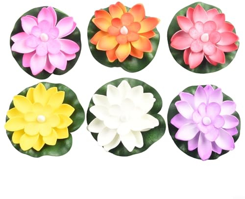 LED-flytande vattenlilja lotusblad blommor set med 6 för pooldamm, trädgårdsdekor, konstgjorda växter med mjuk skumkonstruktion (färgglad LED)