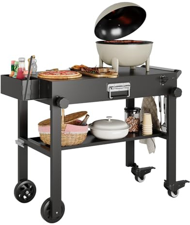 GarveeHome Mesa Plegable portátil para Parrilla - Carro de Acero Inoxidable con Ruedas - Compatible con planchas de 17 y 22 Pulgadas - Ideal para jardín, Camping, Catering y Food Truck - Negro