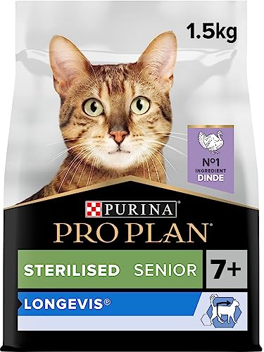 PURINA PRO PLAN | LONGEVIS | Sterilised 7+ | Alimentation complète pour Chat Senior Stérilisé (> 7 ans) | Pour une vie plus longue en bonne santé | A la Dinde | Croquettes | Sac | Lot de 1 x 1,5 Kg