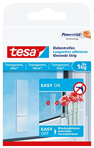 tesa Klebestreifen zum Befestigen auf transparentem Untergrund z.B. Glas, 1 kg Halteleistung, Weiß, 77733-00000-00