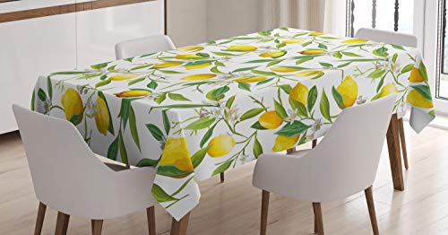 ABAKUHAUS Natur Tischdecke, Lemon Woody Romantic, Personalisierter Druck Klare Farben ohne Verblassen Waschbar für Außen Bereich, 140 x 240 cm, Farngrün Gelb Weiß