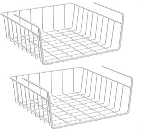 2Pcs Hanging Basket Storage, Under Shelf Hanging Metal Wire Storage Basket Organizer for Kitchen, Office, Pantry, Bathroom, Cabinet (White)