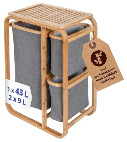 Lumaland Wäschekorb aus Bambus mit 3 ausziehbaren Wäschesäcken | Größe ca. 71 cm Höhe x 50 cm Breite x 33 cm Tiefe, Farbe: Grau
