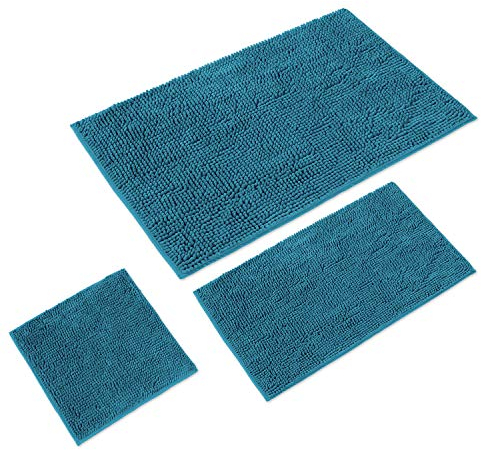 WohnDirect Badematten Set 3 teilig Petrol • WC Vorleger (45x45cm), Badematte (50x80cm,70x120cm) • rutschfest waschbar Badezimmerteppich OHNE WC-Ausschnitt