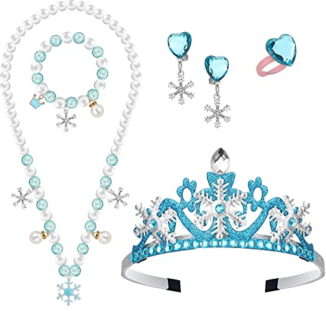 Hifot Elsa Accesorios de Princesa, Elsa Joyeria Set Collar Corona Pulsera Pendientes Anillos Accesorios para Niñas Carnaval Halloween Fiesta Regalos